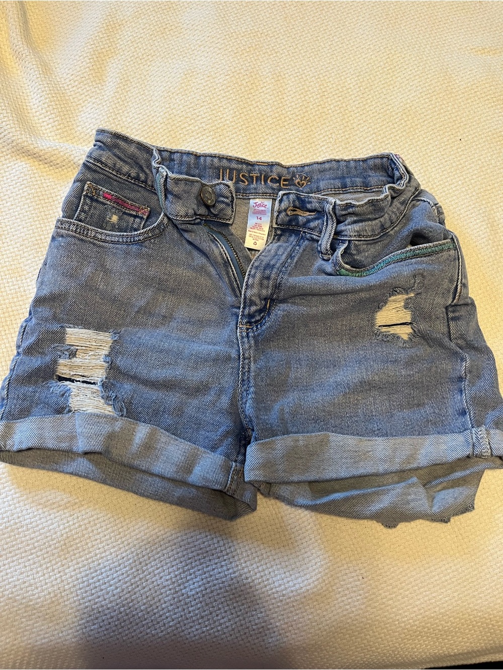Justice Girls Light Blue Distressed Rolled Hem Denim Shorts